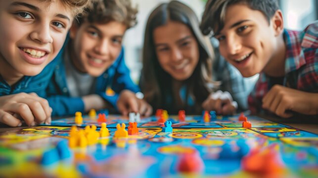 Group of happy teenagers playing a colorful board game together indoors, enjoying leisure time and bonding through fun and laughter.