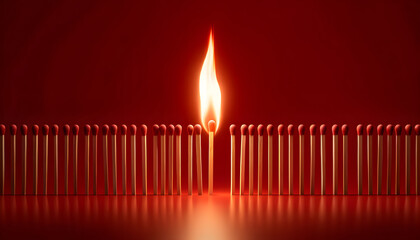 Fototapeta premium a row of matchsticks against a solid red background. One matchstick at the end is being lit, with a bright and detailed flame starting to ignite the next matchstick.
