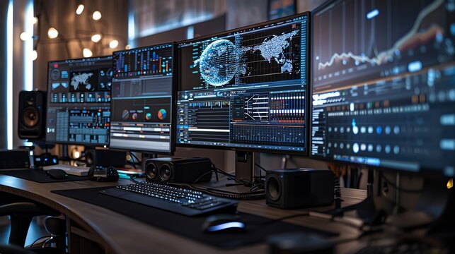 A modern workstation with multiple monitors displaying data and graphs. The desk is lit with warm light and the room has a futuristic aesthetic.