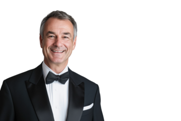 Smiling Senior Man in Black Tuxedo with Bow Tie on White Background
