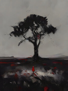 A striking and moody landscape painting featuring a solitary tree standing tall against a desolate backdrop.