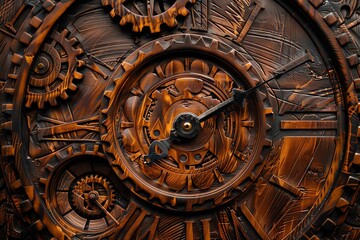 Fototapeta premium Close-up of a vintage, intricate clock face with gears and a single hand pointing towards the time.