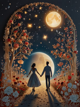 A man and woman holding hands walked along a long road, roses all around, the sun shone, ai generated, Paper Cut Style.
