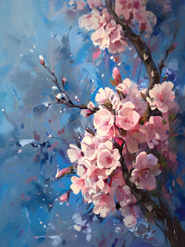 The image is a digital artwork depicting cherry blossoms against a blue background. The cherry blossoms are various shades of pink and white, and they are shown in full bloom.
