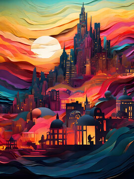 This digital artwork depicts a fantasy scene with a  medieval style castle on a hilltop.