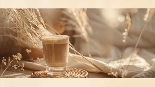 Glass of coffee on stand made of osier