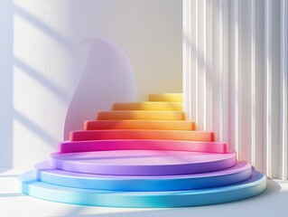 Obraz premium Clean clay podium with a gradient of rainbow clay colors, clear white studio background, ideal for a joyful 3D product sale scene