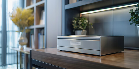 Fototapeta premium A sleek, modern printer on a wooden office desk with bookshelves and plants in the background, highlighting office equipment.