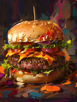 Hearty Meat on Bread oil painting style, ai generated.