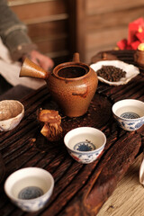 Cups and tea prepared for the tea ceremony