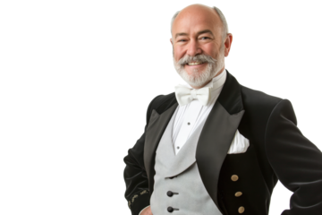 Smiling Senior Man in Black Tuxedo with Bow Tie on White Background