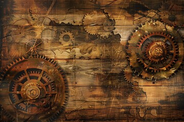 Naklejka premium Rustic wooden background with steampunk gears and cogs. Perfect for industrial, vintage, or fantasy designs.