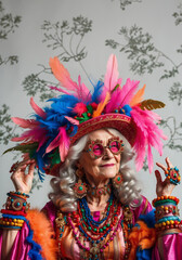 Naklejka premium diversity and contrast concept with modern senior woman with many colorful accessories, glasses and make-up