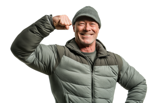 Smiling Muscular Senior Man in Green Jacket Flexing Arm on White Background