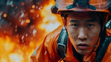 A firefighter with a determined expression faces a blaze