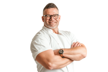 Smiling Muscular Senior Chef in White Uniform and Glasses on White Background