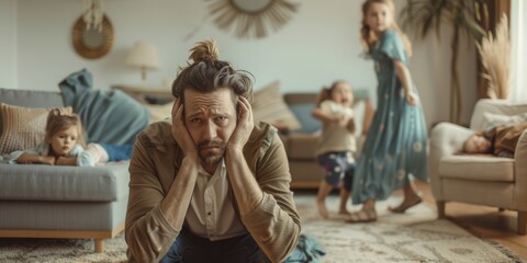 Fototapeta premium Young Caucasian parents with headaches watching their daughters run in the living room. Young sisters playing as parents stress. Woman and man unhappy on couch