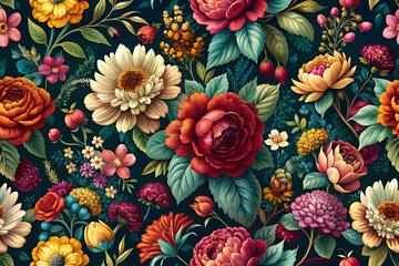 Vintage floral garden digital background. Botanical flower bunches in dark turquoise and purple.