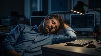 One Hispanic contact center telemarketer asleep at office. Businessman struggling with helpdesk fatigue and demotivation. Consultant napping and neglecting customers. Stress and burnout at work
