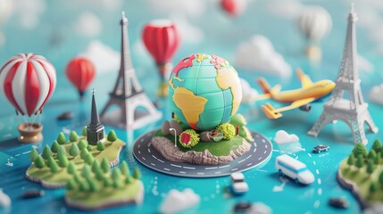 "Stock illustration featuring a collection of 3D icons for travel and tourism, depicting trip planning, world tours, holiday vacations, and various modes of travel and transport. Ideal for showcasing 