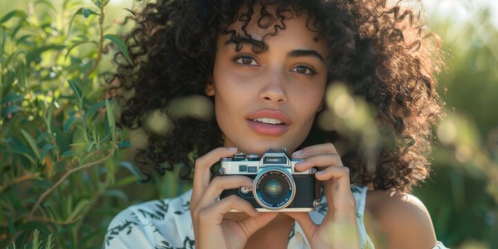 Creative antique film camera images by a young mixed-race woman with curly hair. A hobbyist or professional female photographer peering through the viewfinder.