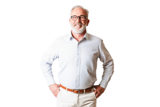 Smiling Senior Man in Light Blue Shirt and Glasses on White Background