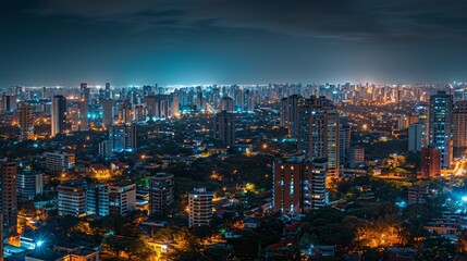 Aerial view of city at night with glowing lights