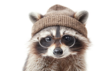 A cheeky raccoon in a trendy beanie and glasses, isolated.