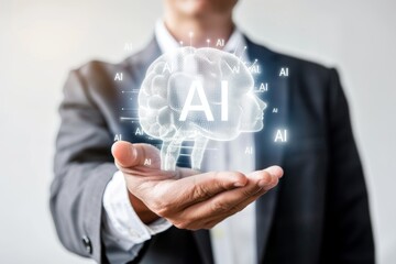 Businessman presenting an AI hologram, highlighting advancements in artificial intelligence and professional technology.