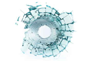 A close-up of a bullet hole in a windshield, with glass shards frozen in time.