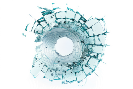 A close-up of a bullet hole in a windshield, with glass shards frozen in time.