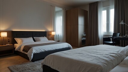 Modern hotel room with two beds and wooden furniture