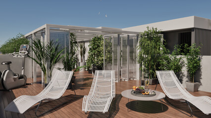 Modellazione 3D di terrazza con zona relax con sdraio e vegetazione