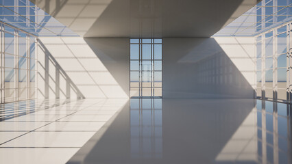 Fototapeta premium Modellazione 3D di locale molto ampio in un contesto luminoso con finestre grandi alle pareti e soffitto