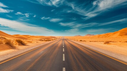 A straight, endless highway under a vast desert sky, with sand dunes on either side, depicted in stunning clarity and vibrant colors.