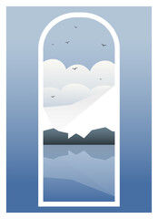 Aesthetic cloudy snowy mountains lake panoramic view. Morning winter landscape illustration.