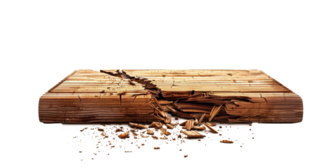 A wooden tablet snapping into splinters, highlighting the texture and grain of the wood against white.