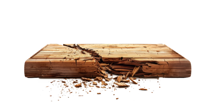 A wooden tablet snapping into splinters, highlighting the texture and grain of the wood against white.