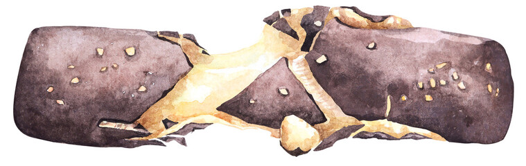 Piece of tasty chocolate bar.Chocolate stuffed with caramel.Desserts made from cocoa.Hand draw with watercolor.