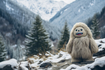 Cute little yeti standing outdoors in the wilderness of a winter landscape with snowy peaks and pine trees. The furry plush toy is placed in the natural habitat of a yeti.