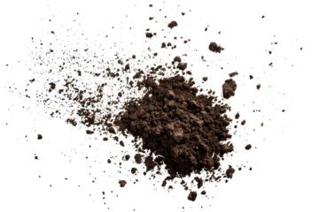 flying and scattered soil dirt in the air, isolated on a clean white background,