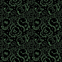 A repeating neon pattern of chaotically scattered cute animals, on a black background, perfect for printing on children's textiles