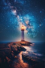 Lighthouse shining under a starry night sky, casting light across the calm sea with mystical celestial charm.