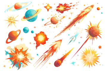 set of celestial effects, such as comets, shooting stars, and nebulae, set against a white backdrop.