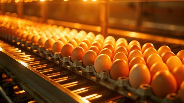 Automated production line with fresh eggs in a poultry farm, illuminated by warm lights, showcasing industrial food processing and production.
