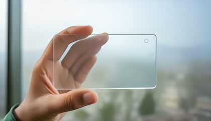 A mockup featuring a hand holding a blank translucent card with rounded corners