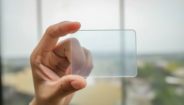 A mockup featuring a hand holding a blank translucent card with rounded corners
