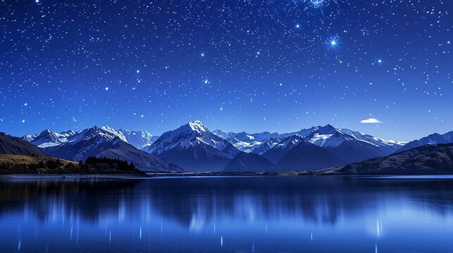 A starry night with the backdrop of the Southern Alps of New Zealand and the beautiful Lake Ohau in the South Island presents a breathtaking scene of natural beauty and tranquility. The Southern Alps,