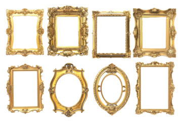 Set of elegant golden frames, arranged in a circular pattern on a white background