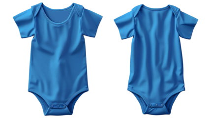 Front and back view of a blue baby onesie featuring cute ruffled sleeves, perfect for infant fashion and comfort cut out transparent isolated on white background PNG file
